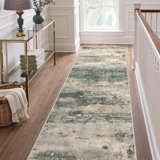 GENIMO Runner Rug Non Slip 2'6"x8', Washable Rug Runner for Hallways Kitchen, Abstract Modern Kitchen Rugs, Low Pile Lightweight Carpet Runners for Entryway, Bedroom, Laundry, Sage Green Sand
