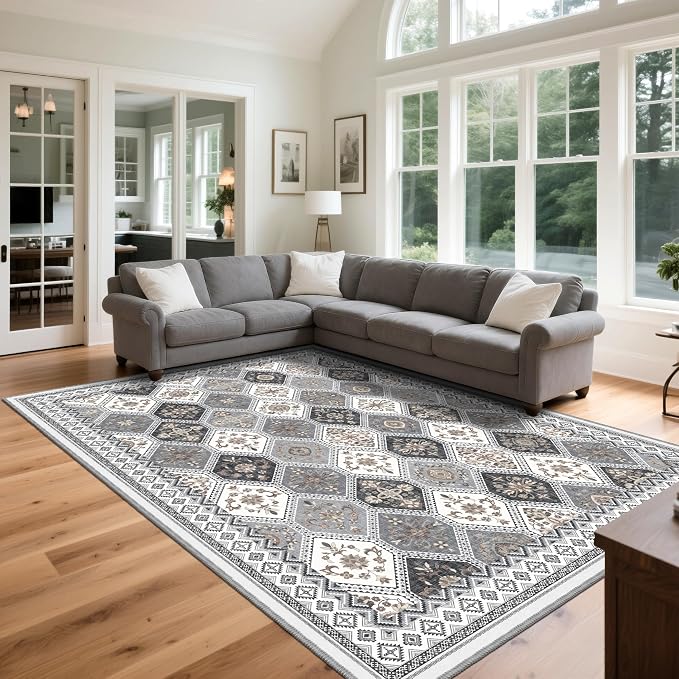 Washable Rugs 8x10, Soft Non-Slip Boho Moroccan Rug, Gray/Gold | Low-Pile Printed Area Rug Gray Rug for Living Room, Bedroom, Dining Room