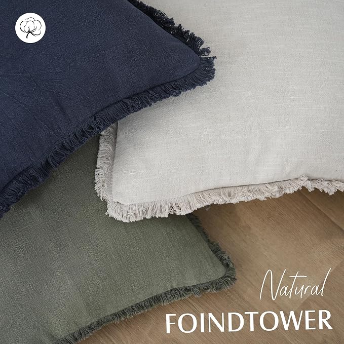 Foindtower Set of 2 Decorative Linen Fringe Throw Pillow Covers Cozy Boho Farmhouse Cushion Cover with Tassels Soft Accent Pillowcase for Couch Sofa Bed Living Room Home Decor,18×18 Inch,Navy Blue