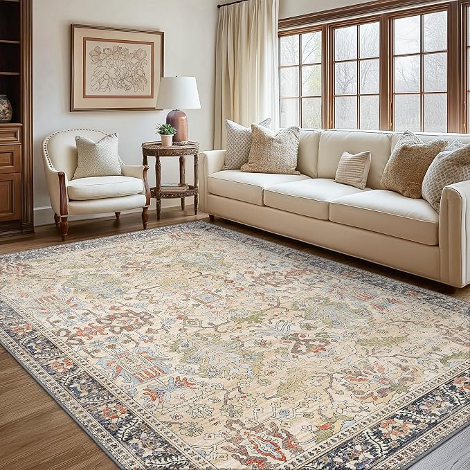 Bavni Washable Area Rugs 8'x10' Clearance for Living Room Boho Tumble Vintage Large Carpet Farmhouse Non Slip Thin Distressed Rug for Bedroom Dinning Room, Ivory Beige Blue Multi