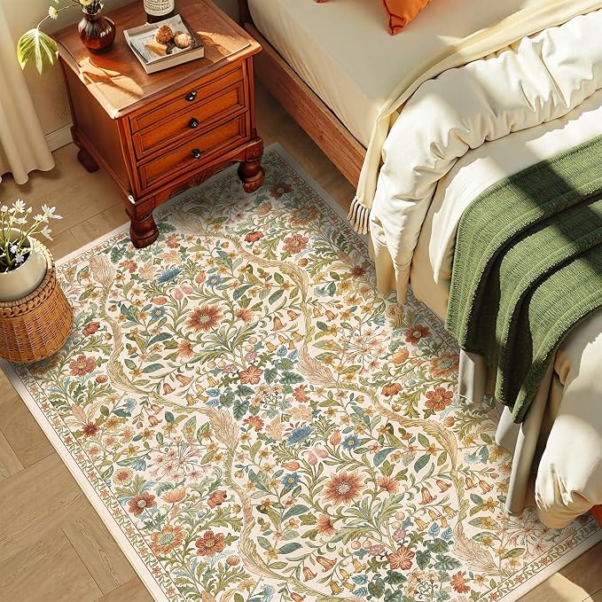 3x5 Beige Boho Floral Washable Rug,Soft Lightweight Low Pile Non-Shedding Carpet,Machine Washable Stain Resistant & Non-Slip for Entryway,Girls Bedroom,Kids Room,Living Room