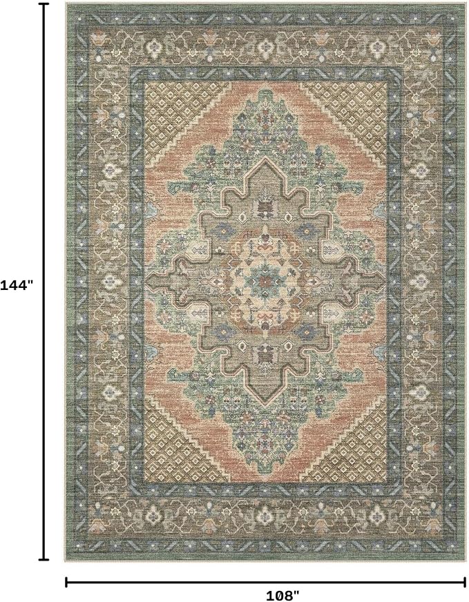 Tortania Area Rug Living Room Rugs - 9x12 Washable Boho Rug Vintage Oriental Distressed Farmhouse Large Thin Indoor Carpet for Living Room Bedroom Under Dining Table Home Office - Sage Terracotta