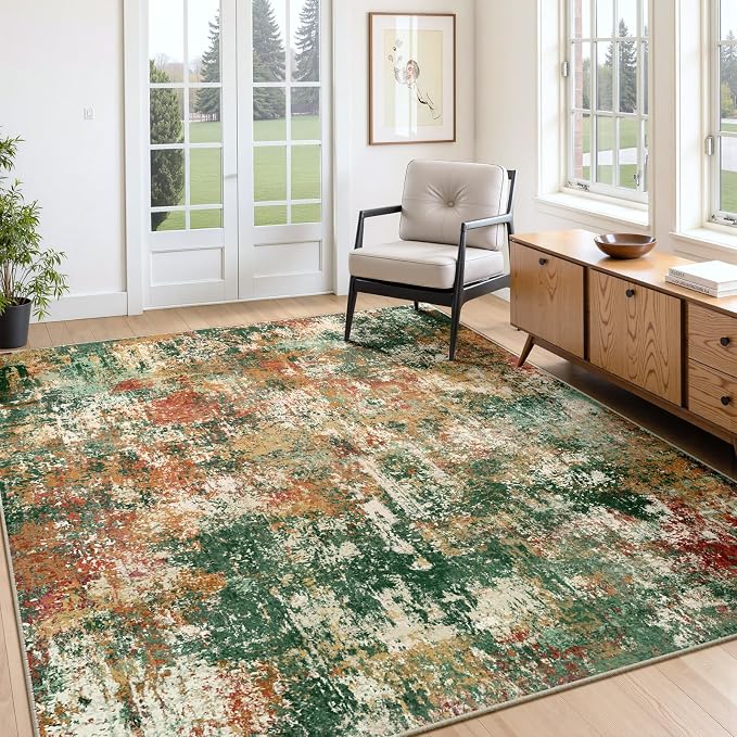 RELEANY Washable Area Rugs 4'x6' Non-Slip Modern Abstract Soft for Living Room Entryway Bedroom Kitchen, Print Pattern, Green Orange Rust Red Cream Colorful