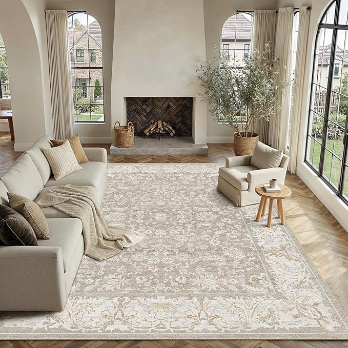 6x9 Taupe Washable Area Rug Non Slip Retro Distressed Carpet | Soft Low Pile, Lightweight Foldable, Pet Friendly, Living Room, Bedroom, Dining Room, Classroom, Playroom