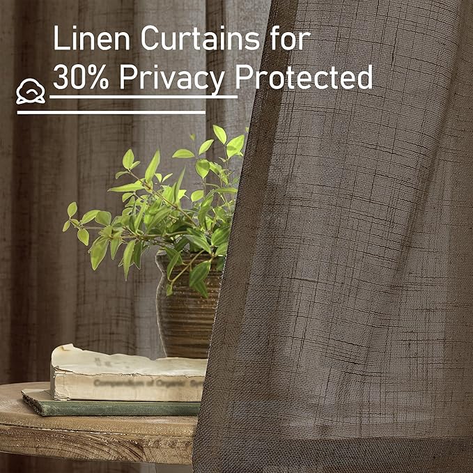 LAMIT Linen Semi Sheer Curtains 48 Inch for Bedroom, Light Filtering Neutral Window Curtains Farmhouse Boho Back Tab and Rod Pocket Panels, Dark Brown, 2 Panels, 52 x 48 Inch