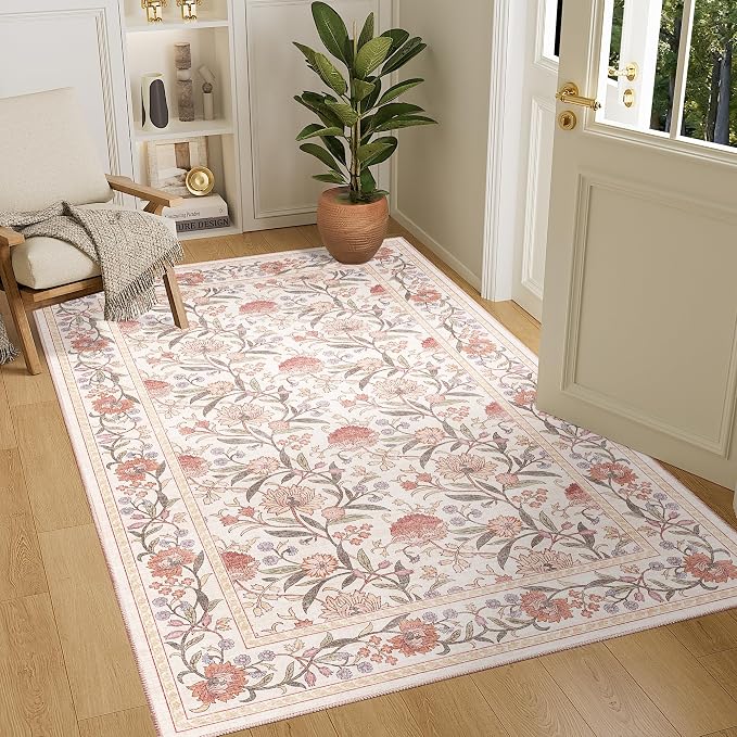 DUKINO 4x6 Area Rug, Washable Vintage Floral Rug for Living Room Beige Pink | Non Slip, Low Pile, Stain Resistant Boho Lightweight Soft Indoor Carpet for Bedroom Office Dining Room Entryway Farmhouse