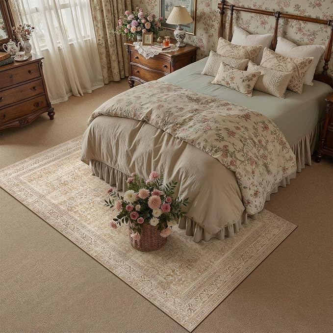 5x7 Beige Neutral Retro Area Rug | Washable, Low Pile, Floral, Soft, Non Slip, Carpet for Living Room Bedroom Dining Room Nursery Office Indoor Home Decor