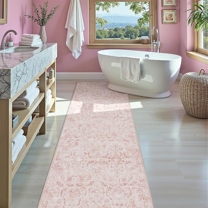 Pink 3x12 Runner Rug for Hallways Bed Side Kitchen, Boho Washable Distressed Low-Pile Floor Entryway Long Bathroom Mat, Non-Slip Laundry Room Washstand Front Carpet 36x144 Inch