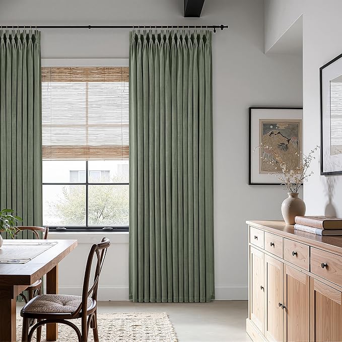 Sage Green Pinch Pleated Curtains 96 Inches Long for Living Room 2 Panels Set Light Filtering Textured Linen Pinch Pleat Curtains 96 Inch Length Neutral Rustic Farmhouse Modern Window Curtain Drapes