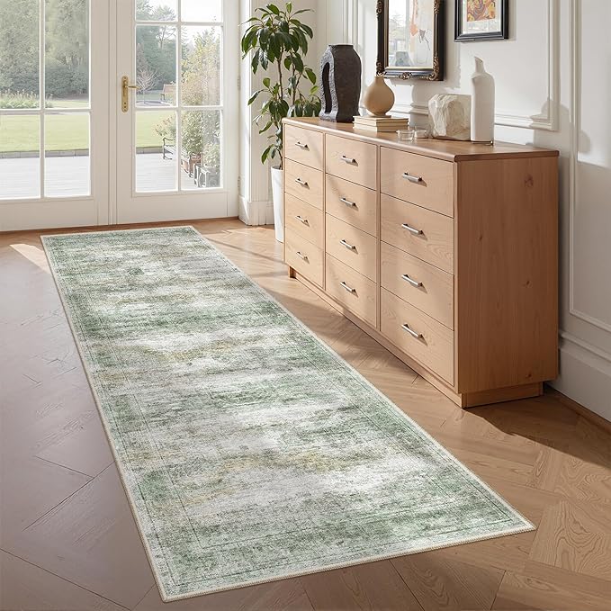 2x6 Runner Rug Non Slip,Washable Hallway Runner Rug,Green | Neutral Rugs for Kitchen,Entryway,Bedroom,Bathroom,Nursery Room,Thin,Soft Runner Rug,Stain Resistant Indoor Carpet