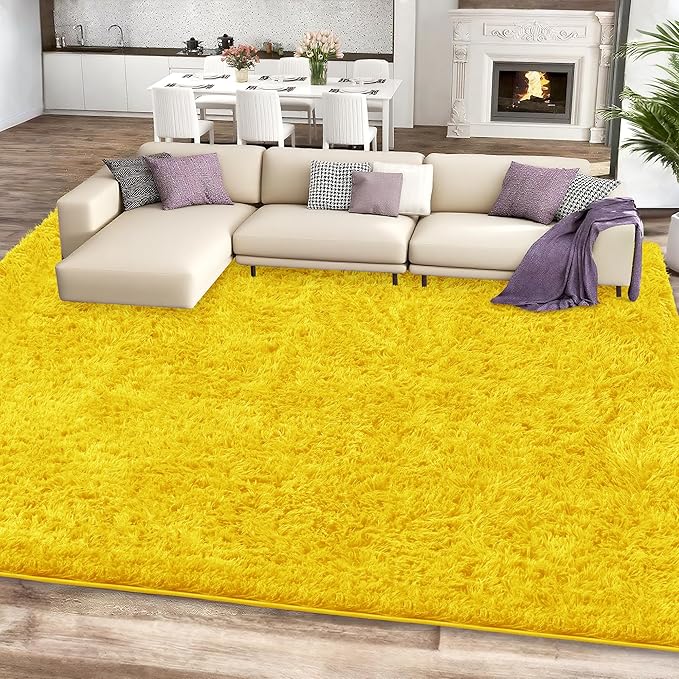 9x12 Yellow Fluffy Shag Area Rugs for Living Room Bedroom Nursery | Ultra Soft Comfy, Large Fuzzy Shaggy Plush Carpet for Boys Kids Girls Teen Dorm, Modern Indoor Home Decor, Upgrade Non-Slip