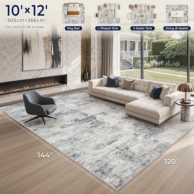 DMOYEST 10x12 Area Rug for Living Room, Washable & Non Slip Large Indoor Carpet, Kid & Pet Friendly Soft Thin Low Pile Abstract Rug for Bedroom and Office - Grey Blue
