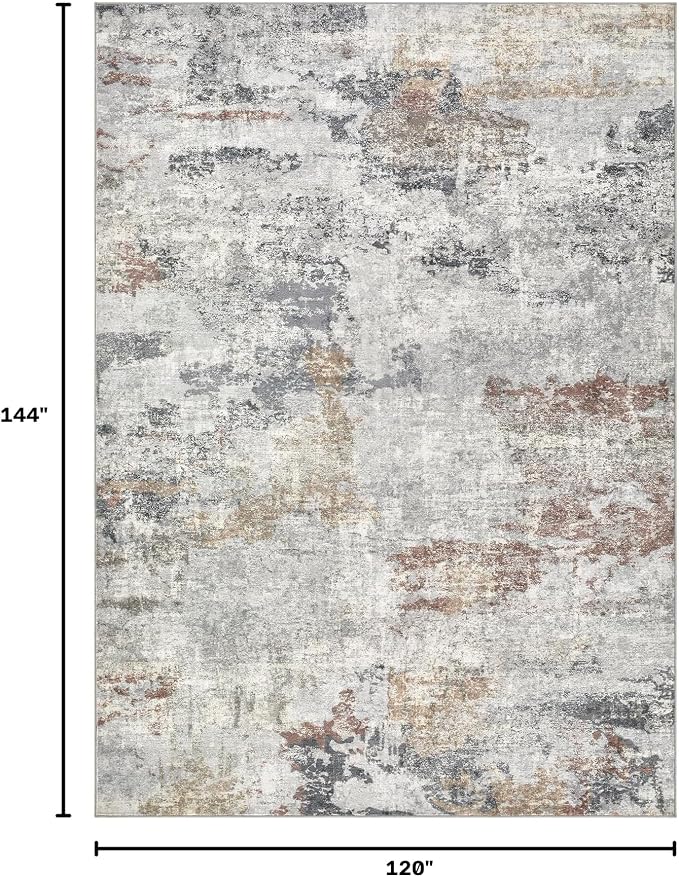 DMOYEST 10x12 Area Rug for Living Room, Washable & Non Slip Large Indoor Carpet, Kid & Pet Friendly Soft Thin Low Pile Abstract Rug for Bedroom and Office - Grey/Orange/Yellow
