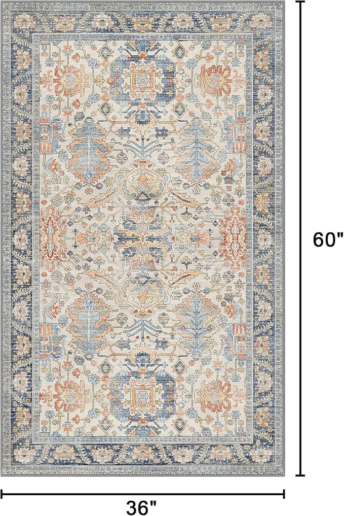 Bavni Area Rug 3x5, Non-Slip Washable Rugs for Living Room Office, Boho Distressed Printed Rug, Low Pile Foldable Decorative Carpet for Bedroom Kitchen Office, Teal/Multi