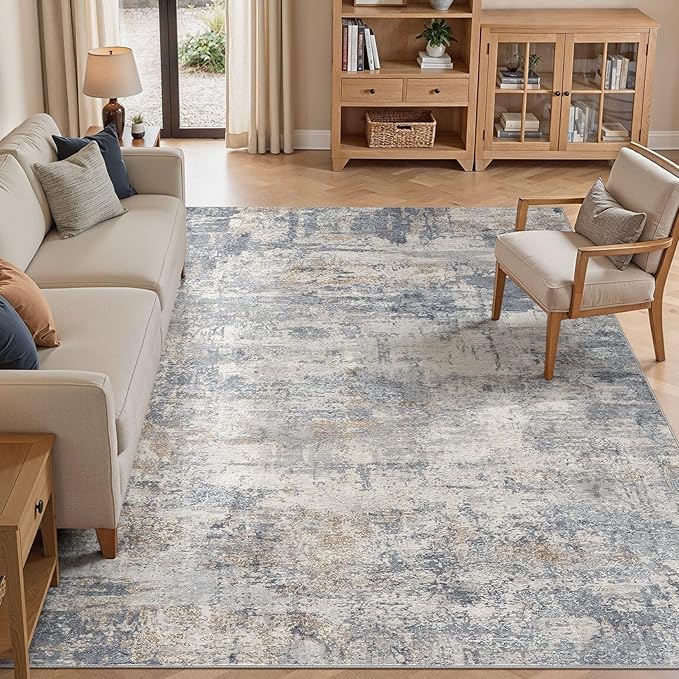 cotiled 9x12 Rugs for Living Room Abstract Soft Non Slip Washable Area Rug | Stain Resistant, Robot Vacuum & Pet Friendly, Low-pile, For Living Room, Bedroom, Dining Table, Nursery Blue/Brown