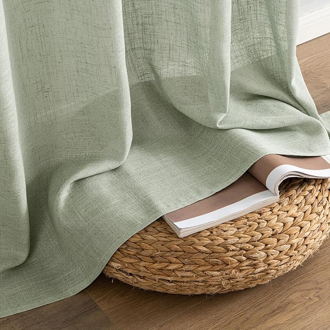 MIULEE Sage Short Linen Curtains 45 Inch Length 2 Panels for Kitchen Bedroom Bathroom,Green Soft Thick Linen Textured Window Drapes Semi Sheer Light Filtering Back Tab Rod Pocket Burlap Look Decor