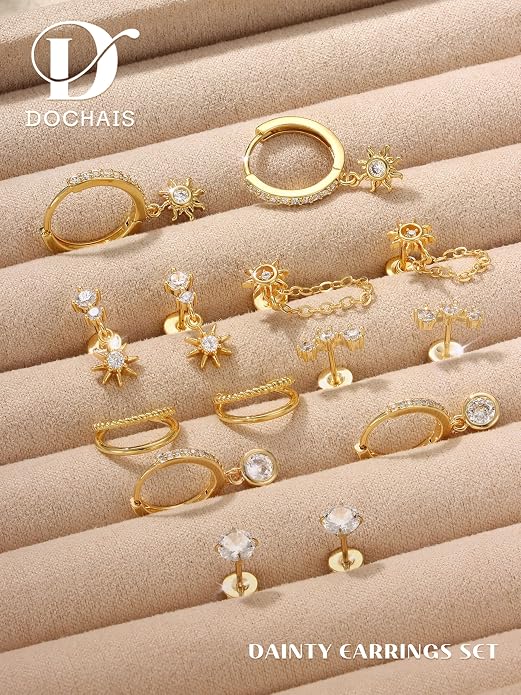 Dochais Flat Back Cartilage Earrings for Women Trendy Dainty CZ Flatback Studs Earing Sets 14k Gold Plated Hypoallergenic Huggie Hoops Earring Stacks for Multiple Piercing