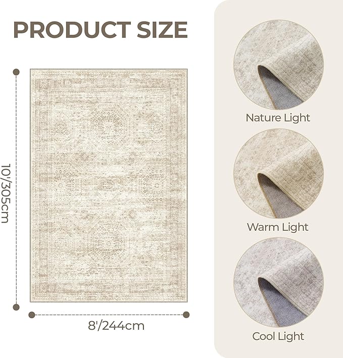 8x10 Area Rugs for Living Room,Large Washable Rug,Beige | Rugs for Bedroom,Dining Room,Office,Low Pile,Soft, Neutral Rug,Stain Resistant Indoor Carpet,Non Slip,Home Decor