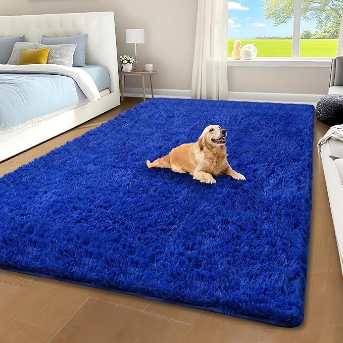 Blue Fluffy Shag Area Rug for Bedroom Living Room Boys Kids, 4x6 | Ultra Soft Comfy, Fuzzy Shaggy Plush Carpet for Nursery Girls Teen Dorm, Modern Indoor Home Decor, Upgrade Non-Slip