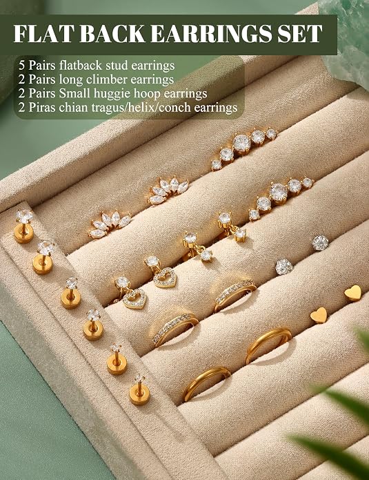 LOLIAS Hypoallergenic Flat Back Earrings for Women Cartilage Earrings Stacks-20G Surgical Stainless Steel Flatback Stud Hoop Earring Set Daith Conch Tragus Helix Piercing Jewelry