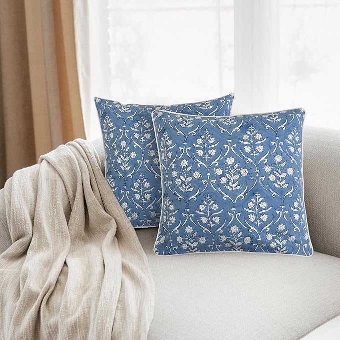 Ridhi Block Print Cornflower Blue Pillow Cover 20" x 20" (Pack of 2) Decorative Couch Pillows for Living Room, Chic Boho Cute Outdoor Pillows Covers Gifts for Spring, Easter and Valentine