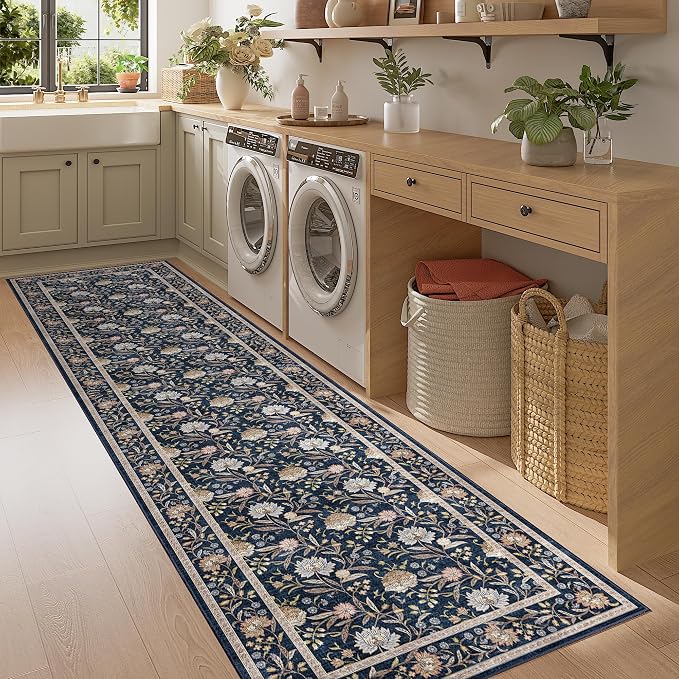 DUKINO 2x8 Runner Rug, Washable Vintage Floral Kitchen Rugs, Navy Blue | Non Slip, Low Pile, Stain Resistant Aesthetic Soft Carpet Runner for Hallway Bathroom Entryway Bedroom Farmhouse Laundry Room