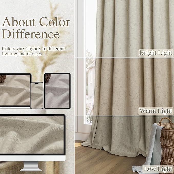 Extra Long 100% Blackout Linen Curtains for Bedroom 120 inches Long 10 FT, Thermal Insulated Room Darkening Black Out Window Drapes for Living Room, Back Tab Rod Pocket 2 Panels Set,Grey Flax,52x120
