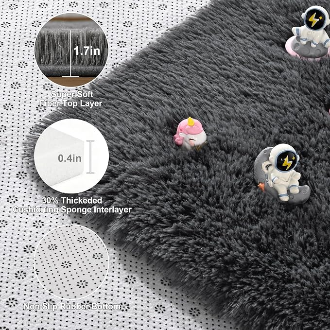 Fluffy Rugs for Living Room: Dark Grey Soft Shag Rug for Bedroom, Large Fuzzy Plush Indoor Floor Carpet Non Slip Modern Rug for Nursery Boys Girls Kids Room Playroom Dorms Home Decor, 9x11 Feet