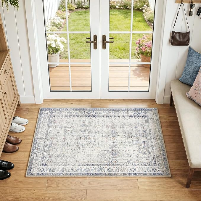 FMFUNCTEX Entryway Rug 2x3 Blue Washable Neutral Vintage Distressed Oriental Door Mat Non Slip Low Pile Indoor Carpet Soft Retro Small Throw Area Rugs for Entry Entrance Bedroom Kitchen Bathroom