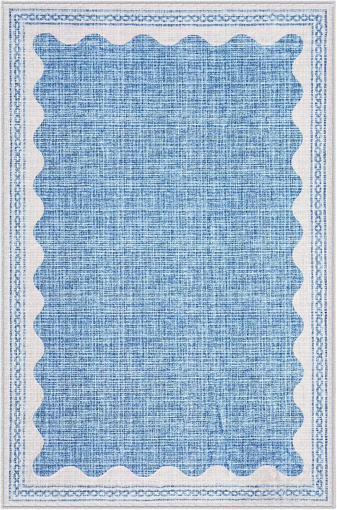 GarveeHome Door Mat Indoor Rugs for Entryway Small Throw Rug 2x3 Washable Non-Slip Solid Blue Modern Minimalism Soft Low-Pile Scalloped Carpet for Bedroom Kitchen Bath Entrance with Rubber Back
