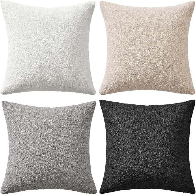 MIULEE Decorative Boucle Throw Pillow Covers 18x18 Black White Set of 4 | Textured Accent Pillow Cases Soft Couch Cushion Covers for Modern Farmhouse Boho Sofa Bed Livingroom Home Decor