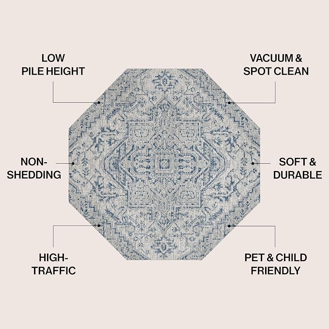 JONATHAN Y Boho Medallion Indoor Outdoor Octagon Area Rug 8 Ft Navy/Gray, Estrella Textured Weave for Backyard, Patio, Porch, Easy-Cleaning, High Traffic, Pet-Friendly, Non-Shedding (SMB105B-8TGN)