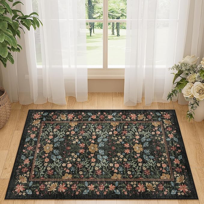 DUKINO 2x3 Entryway Rug, Washable Vintage Floral Area Rug, Black | Non Slip, Low Pile, Non-Shedding, Soft Indoor Door Mat, Small Front Door Throw Carpet for Bathroom Kitchen Entrance Bedroom
