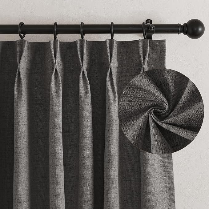 RYB HOME Pinch Pleated Back Tab Curtains Linen Textured 100% Blackout Curtains Thermal Insulated for Bedroom Living Room Bay Window Drapes, W 42 x L 96 inches, Grey, 2 Panels