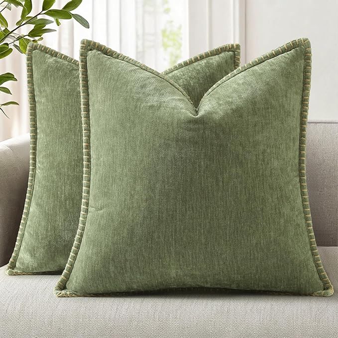 decorUhome Soft Chenille Throw Pillow Covers 16x16 Set of 2 Olive Green | Fall Textured Decorative Throw Pillow Cases Stitched Edge Modern Farmhouse Luxury Boho Velvet for Couch Sofa Bed Home Decor
