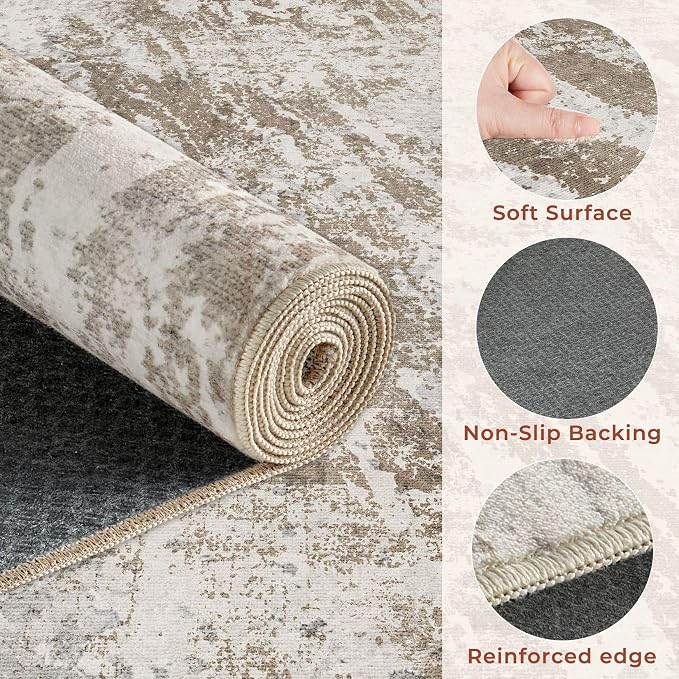 DMOYEST 6ft Round Washable Area Rug for Living Room: Modern Abstract Neutral Circle Carpet, 6x6 Soft Low Pile Non-Slip Floor Mat for Bedroom Under Dining Table, Kids & Pet - Brown