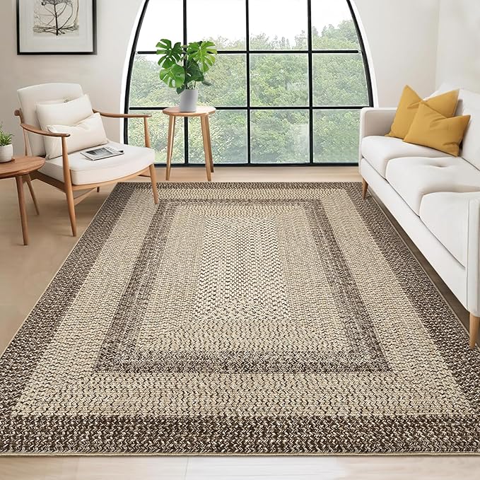 RUGSREAL 10x13 Large Living Room Rug Braided Print Boho Accent Throw Carpet Farmhouse Rustic Rug with Rubber Backing Geometric Bordered Area Rug Bohemian Carpet for Bedroom Home Decor Office, Camel