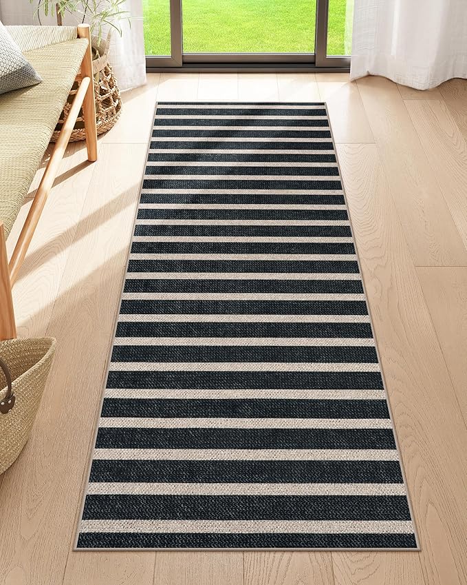 Lahome Striped Easy Jute Kitchen Runner Rug, 2x6 Washable Rugs for Hallways | Indoor Outdoor Black Non Slip Entryway Runners, Modern Farmhouse Neutral Carpet for Laundry Room Front Porch Entry