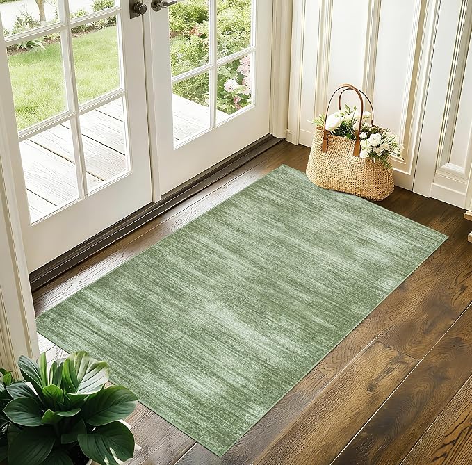 Abstract Dark Green Rugs Washable Low Pile Soft 3 x 5 Area Rug for Bedroom | Hunter Green Floor Carpet, Modern Aesthetic Neutral, for Kitchen Entryway Bathroom, with Non Slip Foldable Rubber Backing