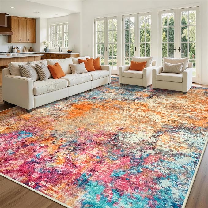 9x12 Area Rugs for Living Room Rug Washable: Abstract Large Rug for Dining Room Bedroom Carpet Non Slip 9 by 12 Indoor Modern Nursery Home Office Colorful