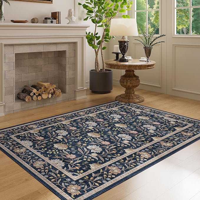 DUKINO 3x5 Rug, Washable Vintage Floral Bedroom Area Rug Non Slip Navy Blue | Low Pile, Non-Shedding, Stain Resistant Boho Lightweight Soft Indoor Carpet for Bathroom Office Dining Living Room Farmhouse