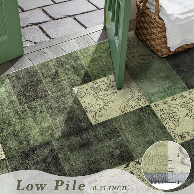 LIANLAM 2x6 Washable Runner Rug for Hallway&Kitchen,Non-Slip Long Carpet with Vintage Boho Checkered Design,Ultra-Thin Low Pile,Stain Resistant Easy Clean Floor Mat for High Traffic Areas(2x6,Green)