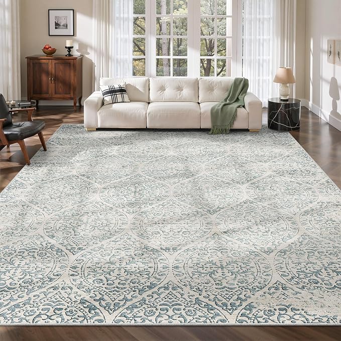 Soalmost 9x12 Area Rugs for Living Room, Moroccan Trellis Washable Soft Rug | Stain Resistant Non-Slip Low Pile Natural Large Carpet for Dining Room Bedroom Home Office Nursery Teal Blue, 9'x12'