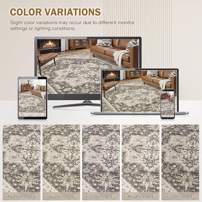 7x9 Area Rugs for Living Room - Large Carpet Ultra Thin Soft Washable Oriental Vintage Floral Distressed Big Indoor Carpets for Bedroom Nursery Dorm Home Decor Aesthetic - Dark Brown