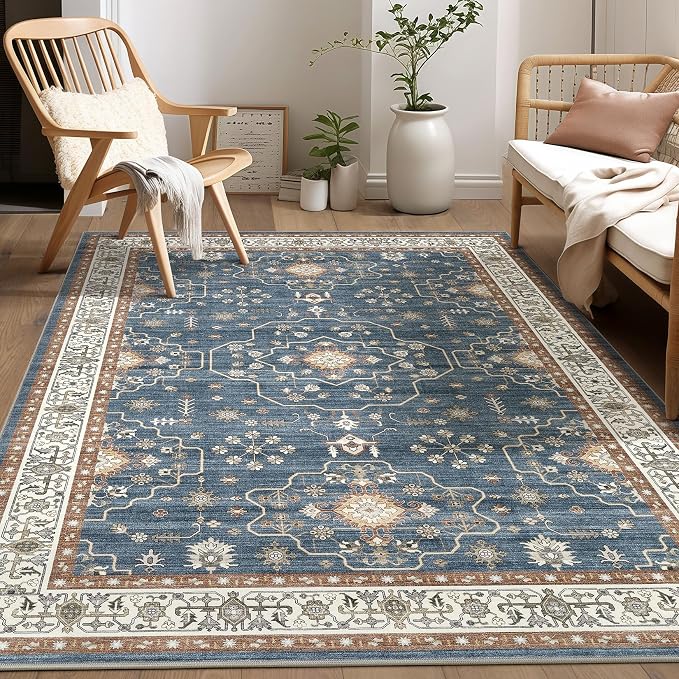 7x9 Area Rug for Living Room- Machine Washable Soft Oriental Vintage Large Indoor Floor Carpet for Bedroom Under Dining Table Home Office Decor - Dark Blue