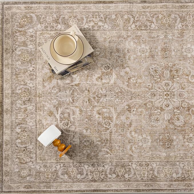 PureCozy Brown 5x7 Area Rug Washable Vintage Living Room Carpet Bedroom Indoor Non Slip Soft Low Pile Thin Stain Resistant Distressed Accent Throw Rug for Dining Office Nursery