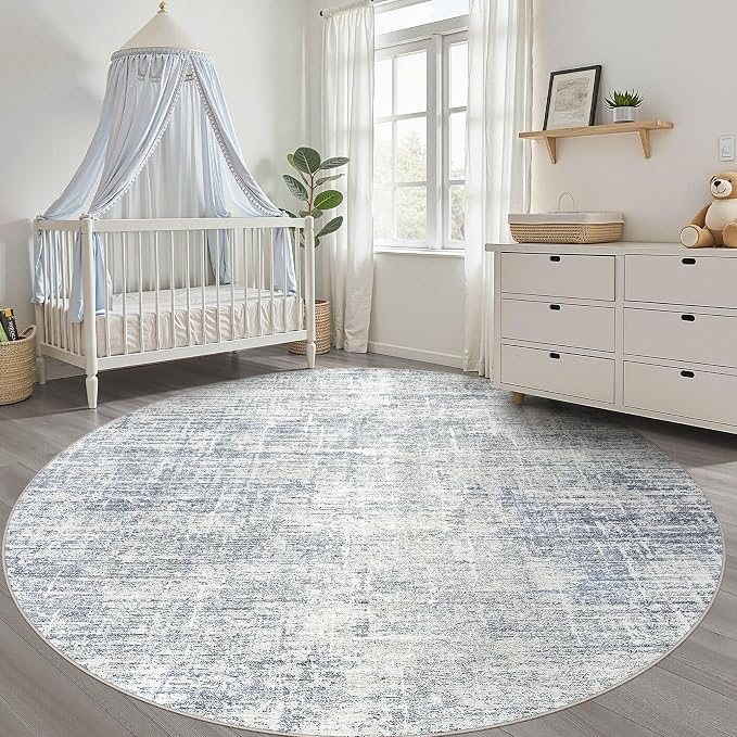 10ft Round Rug Living Room: 10x10 Washable Large Neutral Blue Circle Area Rug Abstract Soft Modern Stain Resistant Indoor Floor Non-Slip Carpet for Bedroom Nursery Kids Office Playroom Dining Room