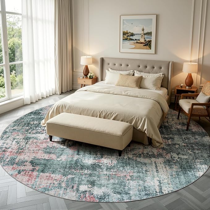 Sasttie 8ft Soft Round Area Rug, Modern Abstract Washable Large Circle Carpet for Living Room, Bedroom, Dining Room Table, with Non-Slip Backing, Pink and Green