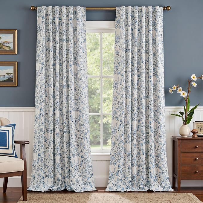jinchan Blue Floral Blackout Curtains 96 Inch Farmhouse Back Tab 2 Panels | Blue on beige, room darkening, traditional vintage drapes, bedroom, living room, botanical, flower print, window treatment