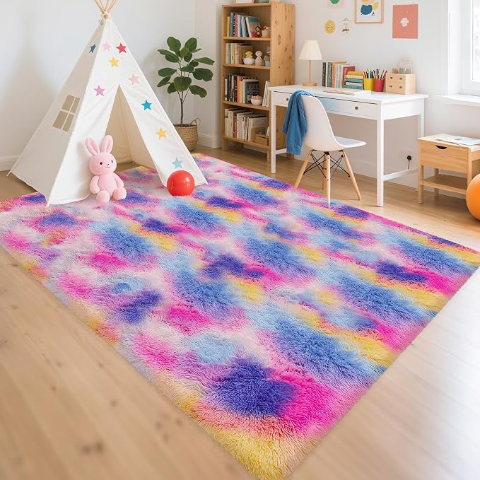 Rainbow Area Rugs 5x8 ft,Tie-Dyed Unicorn Fluffy Fuzzy Shaggy Carpet Soft Plush Furry Rug,for Bedroom Living Room Indoor Floor Rug Kids Girls Boys Home Decor Aesthetic, Dorm Nursery